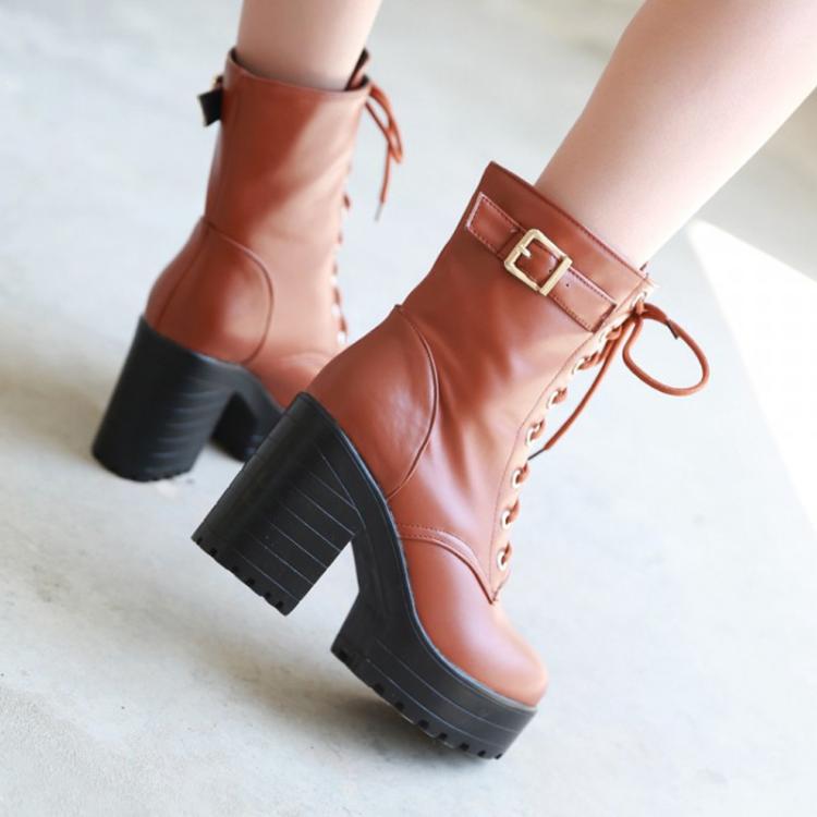 Women Lace-up Short Boots High Heels Platform Buckle Ladies Leather Boots, 34, 35, 36, 37, 38, 39 - Image 7